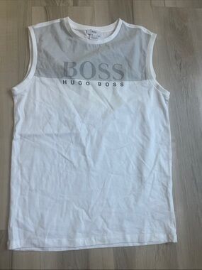 Hugo Boss White Tank with Gray Logo Mesh Yoke